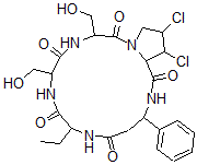 CAS#: 10089-09-5， 17,18-Dichloro-7-ethyldodecahydro-10,13-bis(hydroxymethyl)-3-phenylpyrrolo(2,1-c)(1,4,7,10,13)pentaazacyclohexadecine-1,5,8,11,14(2H)-pentone