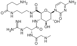 CAS 登录号：104840-34-8， (2S,3S,4S,5R,6R)-N-[3-(4-氨基丁基氨基)丙基]-6-(4-氨基-2-氧代嘧啶-1-基)-3-[[(2R)-3-(二氨基亚甲基氨基)-2-[(2-甲基氨基乙酰基)氨基]丙酰]氨基]-4,5-二羟基四氢吡喃-2-甲酰胺