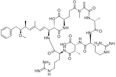 structure of CAS# 111755-37-4, Microcystin RR;Cyclo[D-Ala-L-Arg-[(3S)-3-Methyl-D-Βasp-]-L-Arg-[(2S,3S)-2-Methyl-3-[(1E,3E,5S,6S)-3,5-Dimethyl-6-Methoxy-7-Phenyl-1,3-Heptadiene-1-Yl]-Βala-]-D-Γglu-N-Methyl-Dha-];Microcystin-Rr From Microcystis*Aerguinosa;Microcystin Rr From Microcystis Aeruginosa