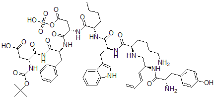 CAS#: 115295-08-4， (3R)-4-[[(2S)-2-[[(2S)-2-[[(2S)-2-[[(2S)-2-[[(2R)-6-amino-2-[[(2S,3E)-2-[[(2S)-2-amino-3-(4-hydroxyphenyl)propanoyl]amino]hexa-3,5-dienyl]amino]hexanoyl]amino]-3-(1H-indol-3-yl)propanoyl]amino]hexanoyl]amino]-4-oxo-4-sulfooxy-butanoyl]amino]-3-phenyl-propanoyl]amino]-3-[(2-methylpropan-2-yl)oxycarbonylamino]-4-oxo-butanoic acid