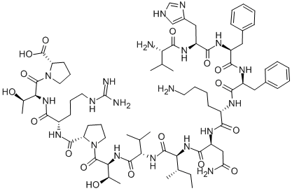 structure of CAS# 118506-26-6, L-Valyl-L-Histidyl-L-Phenylalanyl-L-Phenylalanyl-L-Lysyl-L-Asparaginyl-L-Isoleucyl-L-Valyl-L-Threonyl-L-Prolyl-L-Arginyl-L-Threonyl-L-Proline;H-VAL-HIS-PHE-PHE-LYS-ASN-ILE-VAL-THR-PRO-ARG-THR-PRO-OH (HUMAN, BOVINE, RAT);H-VAL-HIS-PHE-PHE-LYS-ASN-ILE-VAL-THR-PRO-ARG-THR-PRO-OH;VAL-HIS-PHE-PHE-LYS-ASN-ILE-VAL-THR-PRO-ARG-THR-PRO