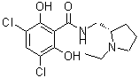 structure of CAS# 119670-11-0, 3,5-Dichloro-N-[[(2S)-1-Ethylpyrrolidin-2-Yl]Methyl]-2,6-Dihydroxy-Benzamide;(S)-O-Desmethylraclopride;Desmethylraclopride
