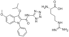 CAS#: 121530-58-3， L-Arginine, compd. with 5-methoxy-3-(1-methylethoxy)-1-phenyl-N-1H-tetrazol-5-yl-1H-indole-2-carboxamide (1:1)