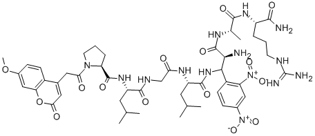 structure of CAS# 140430-53-1, 1-[(7-Methoxy-2-Oxo-2H-1-Benzopyran-4-Yl)Acetyl]-L-Prolyl-L-Leucylglycyl-L-Leucyl-3-[(2,4-Dinitrophenyl)Amino]-L-Alanyl-L-Alanyl-L-Argininamide;MOCAC-PRO-LEU-GLY-LEU-A2PR(DNP)-ALA-ARG-NH2;MCA-PRO-LEU-GLY-LEU-DAP(DNP)-ALA-ARG-NH2;MCA-PRO-LEU-GLY-LEU-DPA-ALA-ARG-NH2