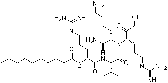 structure of CAS# 150113-99-8, N<sup>2</sup>-Decanoyl-L-arginyl-L-valyl-N-[(3S)-6-carbamimidamido-1-chloro-2-oxo-3-hexanyl]-L-lysinamide;Decanoyl-RVKR-CMK;Furin Inhibitor I;N2-(1-oxo<wbr>decyl)-L-<wbr>arginyl-L<wbr>-valyl-N-<wbr>[(1S)-4-[<wbr>(aminoimi<wbr>nomethyl)<wbr>amino]-1-<wbr>(2-chloro<wbr>acetyl)bu<wbr>tyl]-L-ly<wbr>sinamide