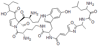 CAS#: 155547-93-6， 3-Amino-N-[1-[4-[(E)-3-[[(2S)-1-[[(4S)-4-Amino-5-[(2S)-2-[(2S)-2-Aminopentanoyl]-2-Formyl-3-(2-Hydroxy-3-Methylpentanoyl)-3H-Pyrrol-1-Yl]-5-Oxopentyl]Amino]-3-(5-Hydroxy-1H-Indol-3-Yl)-1-Oxopropan-2-Yl]Amino]-3-Oxoprop-1-Enyl]-1,3-Oxazol-2-Yl]Ethyl]-5-Methyl-2-Oxohexanamide