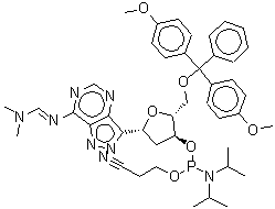 CAS#: 178925-41-2， (1R)-1,4-Anhydro-5-O-[bis(4-methoxyphenyl)(phenyl)methyl]-3-O-[(2-cyanoethoxy)(diisopropylamino)phosphino]-2-deoxy-1-(7-{(E)-[(dimethylamino)methylene]amino}-2H-pyrazolo[4,3-d]pyrimidin-3-yl)-D-erythro-pentitol