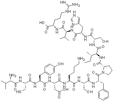 structure of CAS# 197250-15-0, L-Valyl-L-Cysteinyl-L-Tyrosyl-L-alpha-Aspartyl-L-Lysyl-L-Seryl-L-Phenylalanyl-L-Prolyl-L-Isoleucyl-L-Seryl-L-Histidyl-L-Valyl-L-Arginine;Gap 26