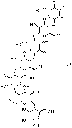 structure of CAS# 207511-07-7, alpha-D-Glucopyranosyl-(1->4)-alpha-D-glucopyranosyl-(1->4)-alpha-D-glucopyranosyl-(1->4)-alpha-D-glucopyranosyl-(1->4)-alpha-D-glucopyranosyl-(1->4)-alpha-D-glucopyranosyl-(1->4)-D-glucopyranose hydrate (1:1);Maltoheptaose hydrate;284017_ALDRICH