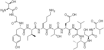 structure of CAS# 215923-20-9, L-Threonylglycyl-L-Tyrosyl-L-Isoleucyl-L-Lysyl-L-Threonyl-L-alpha-Glutamyl-L-Leucyl-L-Isoleucyl-L-Seryl-L-Valine;H-THR-GLY-TYR-ILE-LYS-THR-GLU-LEU-ILE-SER-VAL-OH;L-Threony<wbr>lglycyl-L<wbr>-tyrosyl-<wbr>L-isoleuc<wbr>yl-L-lysy<wbr>l-L-threo<wbr>nyl-L-α-g<wbr>lutamyl-L<wbr>-leucyl-L<wbr>-isoleucy<wbr>l-L-seryl<wbr>-L-valin;L-Threony<wbr>lglycyl-L<wbr>-tyrosyl-<wbr>L-isoleuc<wbr>yl-L-lysy<wbr>l-L-threo<wbr>nyl-L-α-g<wbr>lutamyl-L<wbr>-leucyl-L<wbr>-isoleucy<wbr>l-L-seryl<wbr>-L-valine