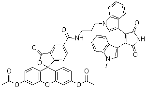 structure of CAS# 220518-50-3, 5-[(3-{3-[4-(1-Methyl-1H-Indol-3-Yl)-2,5-Dioxo-2,5-Dihydro-1H-Pyrrol-3-Yl]-1H-Indol-1-Yl}Propyl)Carbamoyl]-3-Oxo-3H-Spiro[2-Benzofuran-1,9'-Xanthene]-3',6'-Diyl Diacetate;Fim 1;Fim-1;Spiro(iso<wbr>benzofura<wbr>n-1(3H),9<wbr>'-(9H)xan<wbr>thene)-5-<wbr>carboxami<wbr>de, 3',6'<wbr>-bis(acet<wbr>yloxy)-N-<wbr>(3-(3-(2,<wbr>5-dihydro<wbr>-4-(1-met<wbr>hyl-1H-in<wbr>dol-3-yl)<wbr>-2,5-diox<wbr>o-1H-pyrr<wbr>ol-3-yl)-<wbr>1H-indol-<wbr>1-yl)prop<wbr>yl)-3-oxo-