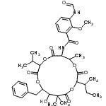 CAS 登录号:22862-64-2, N-(15-苄基-10-仲-丁基-14-羟基-3-异丙基-7,13,13-三甲基-2,5,9,12-四氧代-1,4,8,11-四氧杂环十五碳n-6-基)-3-甲酰氨基-2-甲氧基苯甲酰胺
