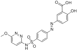 structure of CAS# 22933-72-8, Salazodine;(3E)-3-[[4-[(6-Methoxypyridazin-3-Yl)Sulfamoyl]Phenyl]Hydrazinylidene]-6-Oxocyclohexa-1,4-Diene-1-Carboxylic Acid;3-[[4-[(6-Methoxypyridazin-3-Yl)Sulfamoyl]Phenyl]Hydrazono]-6-Oxo-Cyclohexa-1,4-Diene-1-Carboxylic Acid;(3E)-3-[[4-[(6-Methoxypyridazin-3-Yl)Sulfamoyl]Phenyl]Hydrazono]-6-Oxo-Cyclohexa-1,4-Diene-1-Carboxylic Acid