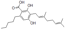structure of CAS# 25555-57-1, Cannabigerolic Acid;3-[(2E)-3,7-Dimethylocta-2,6-Dienyl]-2,4-Dihydroxy-6-Pentyl-Benzoic Acid;6-Amyl-3-[(2E)-3,7-Dimethylocta-2,6-Dienyl]-2,4-Dihydroxy-Benzoic Acid;(E)-3-(3,7-Dimethyl-2,6-Octadienyl)-2,4-Dihydroxy-6-Pentylbenzoic Acid