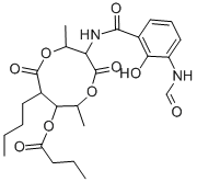 structure of CAS# 27220-59-3, 8-Butyl-3-(3-Formamido-2-Hydroxybenzamido)-2,6-Dimethyl-4,9-Dioxo-1,5-Dioxonan-7-Yl Butyrate;[8-Butyl-3-[(3-Formamido-2-Hydroxy-Benzoyl)Amino]-2,6-Dimethyl-4,9-Dioxo-1,5-Dioxonan-7-Yl] Butanoate;Butanoic Acid [8-Butyl-3-[[(3-Formamido-2-Hydroxyphenyl)-Oxomethyl]Amino]-2,6-Dimethyl-4,9-Dioxo-1,5-Dioxonan-7-Yl] Ester;Butyric Acid [8-Butyl-3-[(3-Formamido-2-Hydroxy-Benzoyl)Amino]-4,9-Diketo-2,6-Dimethyl-1,5-Dioxonan-7-Yl] Ester