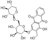structure of CAS# 29706-59-0, Lucidin 3-O-beta-Primveroside;1-Hydroxy-2-(Hydroxymethyl)-3-[(2S,3R,4S,5S,6R)-3,4,5-Trihydroxy-6-[[(2S,3R,4S,5R)-3,4,5-Trihydroxytetrahydropyran-2-Yl]Oxymethyl]Tetrahydropyran-2-Yl]Oxy-Anthracene-9,10-Dione;1-Hydroxy-2-(Hydroxymethyl)-3-[[(2S,3R,4S,5S,6R)-3,4,5-Trihydroxy-6-[[(2S,3R,4S,5R)-3,4,5-Trihydroxy-2-Tetrahydropyranyl]Oxymethyl]-2-Tetrahydropyranyl]Oxy]Anthracene-9,10-Dione;1-Hydroxy-2-Methylol-3-[(2S,3R,4S,5S,6R)-3,4,5-Trihydroxy-6-[[(2S,3R,4S,5R)-3,4,5-Trihydroxytetrahydropyran-2-Yl]Oxymethyl]Tetrahydropyran-2-Yl]Oxy-9,10-Anthraquinone