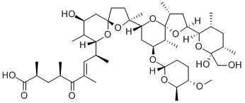 structure of CAS# 35865-33-9, (6E)-8-(9-Hydroxy-2-{2-[6-hydroxy-6-(hydroxymethyl)-3,5-dimethylperhydro-2H-pyran-2-yl]-9-(5-methoxy-6-methylperhydro-2H-pyran-2-yloxy)-4,10-dimethyl-1,6-dioxaspiro[4.5]dec-7-yl}-2,8-dimethyl-1,6-dioxaspiro[4.5]dec-7-yl)-2,4,6-trimethyl-5-oxonon-6-enoic acid;(E)-8-[9-Hydroxy-2-[2-[6-Hydroxy-6-(Hydroxymethyl)-3,5-Dimethyloxan-2-Yl]-9-(5-Methoxy-6-Methyloxan-2-Yl)Oxy-4,10-Dimethyl-1,6-Dioxaspiro[4.5]Decan-7-Yl]-2,8-Dimethyl-1,6-Dioxaspiro[4.5]Decan-7-Yl]-2,4,6-Trimethyl-5-Oxonon-6-Enoic Acid;8-[9-Hydroxy-2-[2-[6-Hydroxy-6-(Hydroxymethyl)-3,5-Dimethyl-Tetrahydropyran-2-Yl]-9-(5-Methoxy-6-Methyl-Tetrahydropyran-2-Yl)Oxy-4,10-Dimethyl-1,6-Dioxaspiro[4.5]Decan-7-Yl]-2,8-Dimethyl-1,6-Dioxaspiro[4.5]Decan-7-Yl]-2,4,6-Trimethyl-5-Oxo-Non-6-Enoic Acid;(E)-8-[9-Hydroxy-2-[2-[6-Hydroxy-6-(Hydroxymethyl)-3,5-Dimethyl-Tetrahydropyran-2-Yl]-9-(5-Methoxy-6-Methyl-Tetrahydropyran-2-Yl)Oxy-4,10-Dimethyl-1,6-Dioxaspiro[4.5]Decan-7-Yl]-2,8-Dimethyl-1,6-Dioxaspiro[4.5]Decan-7-Yl]-2,4,6-Trimethyl-5-Oxo-Non-6-Enoic Acid