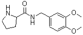 structure of CAS# 438581-56-7, Pyrrolidine-2-Carboxylic Acid 3,4-Dimethoxy-Benzylamide;(2R)-N-[(3,4-Dimethoxyphenyl)Methyl]-2-Pyrrolidin-1-Iumcarboxamide;(2R)-N-(3,4-Dimethoxybenzyl)Pyrrolidin-1-Ium-2-Carboxamide;Zinc00251664
