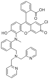 structure of CAS# 502467-23-4, Zinpyr-4;5'-[[[2-[[Bis(2-Pyridinylmethyl)Amino]Methyl]Phenyl]Amino]Methyl]-2'-Chloro-3',6'-Dihydroxy-Spiro[Isobenzofuran-1(3H),9'-[9H]Xanthen]-3-One;9-(2-Carboxyphenyl)-2-Chloro-5-[{2-(Di(2-Pyridyl)Aminomethyl)Phenyl}Aminomethyl]-6-Hydroxy-3-Xanthanone Zinpyr-4;9-(O-Carboxyphenyl)-2-Chloro-5-[2-{Bis(2-Pyridylmethyl)Aminomethyl}-N-Methylaniline]-6-Hydroxy-3-Xanthanone, ZP4