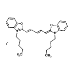 structure of CAS# 53213-92-6, 3-Pentyl-2-[(1E,3E,5Z)-5-(3-Pentyl-1,3-Benzoxazol-2(3H)-Ylidene)-1,3-Pentadien-1-Yl]-1,3-Benzoxazol-3-Ium Iodide;3-pentyl-<wbr>2-{(1E,3E<wbr>)-5-[3-pe<wbr>ntyl-1,3-<wbr>benzoxazo<wbr>l-2(3H)-y<wbr>lidene]-1<wbr>,3-pentad<wbr>ienyl}-1,<wbr>3-benzoxa<wbr>zol-3-ium<wbr> iodide;Benzoxazo<wbr>lium, 3-p<wbr>entyl-2-[<wbr>5-(3-pent<wbr>yl-2(3H)-<wbr>benzoxazo<wbr>lylidene)<wbr>-1,3-pent<wbr>adienyl]-<wbr>, iodide <wbr>(9CI)
