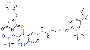 CAS#: 55697-63-7， N-(5-((4-(2,4-Bis(1,1-dimethylpropyl)phenoxy)-1-oxobutyl)amino)-2-chlorophenyl)-alpha-(2,2-dimethyl-1-oxopropyl)-2,5-dioxo-3-(phenylmethyl)-1-imidazolidinacetamide