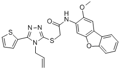 structure of CAS# 577989-36-7, N-(2-Methoxy-3-Dibenzofuranyl)-2-[[4-(2-Allyl)-5-(2-Thienyl)-4H-1,2,4-Triazol-3-Yl]Thio]-Acetamide