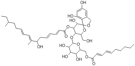 CAS#: 61036-46-2， 1,1-O-(4,6-Dihydroxy-1,2-Phenylenemethylene)-4-O-[6-O-(1-Oxo-2,4-Decadienyl)-beta-D-Galactopyranosyl]-alpha-D-Glucopyranose 3-(7-Hydroxy-8,14-Dimethylhexadeca-2,4,8,10-Tetraenoate)