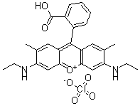 structure of CAS# 62669-66-3, 9-(2-Carboxyphenyl)-3,6-bis(ethylamino)-2,7-dimethylxanthylium perchlorate;[9-(2-Carboxyphenyl)-6-Diethylamino-2,7-Dimethyl-Xanthen-3-Ylidene]-Diethyl-Ammonium Perchlorate;[9-(2-Carboxyphenyl)-6-Diethylamino-2,7-Dimethyl-3-Xanthenylidene]-Diethylammonium Perchlorate;[9-(2-Carboxyphenyl)-6-Diethylamino-2,7-Dimethyl-Xanthen-3-Ylidene]-Diethyl-Azanium Perchlorate
