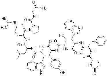 structure of CAS# 68059-94-9, 5-Oxo-D-Prolyl-D-Phenylalanyl-D-Tryptophyl-L-Seryl-L-Tyrosyl-D-Tryptophyl-L-Leucyl-L-Arginyl-L-Prolyl-Glycinamide;Gnrh, Pglu(1)-Phe(2)-Trp(3,6)-;Gpt-Lhrh;Lhrh, D-Pglu(1)-D-Phe(2)-D-Trp(3,6)-