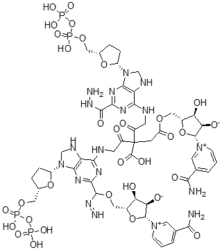CAS#: 69861-86-5， Hexanedioic acid, bis(2-(((9-(5-O-(hydroxy(phosphonooxy)phosphinyl)-beta-D-ribofuranosyl)-9H-purin-6-yl)amino)acetyl)hydrazide), P'-5',P'''-5'''-diester with 3-(aminocarbonyl)-1-beta-D-ribofuranosylpyridinium hydroxide, bis(inner salt)