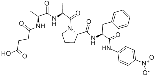 structure of CAS# 70967-97-4, Suc-Ala-Ala-Pro-Phe-Pna;4-[[(1S)-1-Methyl-2-[[(1S)-1-Methyl-2-[(2S)-2-[[(2S)-2-[(4-Nitrophenyl)Amino]-3-Phenyl-Propanoyl]Carbamoyl]Pyrrolidin-1-Yl]-2-Oxo-Ethyl]Amino]-2-Oxo-Ethyl]Amino]-4-Oxo-Butanoic Acid;4-[[(1S)-1-Methyl-2-[[(1S)-1-Methyl-2-[(2S)-2-[[[(2S)-2-[(4-Nitrophenyl)Amino]-1-Oxo-3-Phenylpropyl]Amino]-Oxomethyl]-1-Pyrrolidinyl]-2-Oxoethyl]Amino]-2-Oxoethyl]Amino]-4-Oxobutanoic Acid;4-Keto-4-[[(1S)-2-Keto-2-[[(1S)-2-Keto-1-Methyl-2-[(2S)-2-[[(2S)-2-[(4-Nitrophenyl)Amino]-3-Phenyl-Propanoyl]Carbamoyl]Pyrrolidin-1-Yl]Ethyl]Amino]-1-Methyl-Ethyl]Amino]Butyric Acid