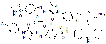 CAS 登录号：71076-98-7， 二[4-[[1-(3-氯苯基)-4,5-二氢-3-甲基-5-氧代-1H-吡唑-4-基]偶氮]-3-羟基-N-甲基苯磺酰氨基(2-)]-铬酸盐与N-环己基环己胺和2-乙基-1-己胺的化合物