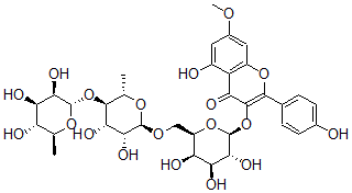 CAS#: 73519-10-5， 3-[(2S,3R,4S,5R,6R)-6-[[(2R,3R,4S,5R,6S)-3,4-Dihydroxy-6-Methyl-5-[(2S,3R,4R,5R,6S)-3,4,5-Trihydroxy-6-Methyloxan-2-Yl]Oxyoxan-2-Yl]Oxymethyl]-3,4,5-Trihydroxyoxan-2-Yl]Oxy-5-Hydroxy-2-(4-Hydroxyphenyl)-7-Methoxychromen-4-One
