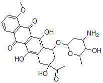 CAS 登录号:73610-99-8, 9-乙酰基-7-(4-氨基-5-羟基-6-甲基四氢吡喃-2-基)氧基-6,9,11-三羟基-4-甲氧基-8,10-二氢-7H-并四苯-5,12-二酮