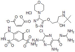 CAS 登录号：73788-01-9， (Z)-丁-2-烯二酸酯,  (2S)-1-(叔丁基氨基)-3-[(4-吗啉-4-基-1,2,5-噻二唑-3-基)氧基]丙-2-醇,  6-氯-1,1-二氧代-3,4-二氢-2H-苯并[e][1,2,4]噻二嗪-7-磺酰胺,  3,5-二氨基-6-氯-N-(二氨基亚甲基)吡嗪-2-甲酰胺,  盐酸盐