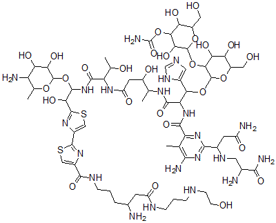CAS#: 77368-64-0， [2-[2-[2-[[6-Amino-2-[3-Amino-1-[(2,3-Diamino-3-Oxopropyl)Amino]-3-Oxopropyl]-5-Methylpyrimidine-4-Carbonyl]Amino]-3-[[5-[[1-[[1-(5-Amino-3,4-Dihydroxy-6-Methyloxan-2-Yl)Oxy-2-[4-[4-[[4-Amino-6-[3-(2-Hydroxyethylamino)Propylamino]-6-Oxohexyl]Carbamoyl]-1,3-Thiazol-2-Yl]-1,3-Thiazol-2-Yl]-2-Hydroxyethyl]Amino]-3-Hydroxy-1-Oxobutan-2-Yl]Amino]-3-Hydroxy-5-Oxopentan-2-Yl]Amino]-1-(3H-Imidazol-4-Yl)-3-Oxopropoxy]-4,5-Dihydroxy-6-(Hydroxymethyl)Oxan-3-Yl]Oxy-3,5-Dihydroxy-6-(Hydroxymethyl)Oxan-4-Yl] Carbamate