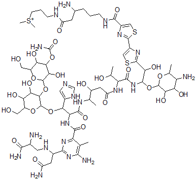 CAS#: 77368-65-1， 3-[[3-Amino-6-[[2-[2-[2-[[2-[[4-[[2-[[6-Amino-2-[3-Amino-1-[(2,3-Diamino-3-Oxopropyl)Amino]-3-Oxopropyl]-5-Methylpyrimidine-4-Carbonyl]Amino]-3-[3-[4-Carbamoyloxy-3,5-Dihydroxy-6-(Hydroxymethyl)Oxan-2-Yl]Oxy-4,5-Dihydroxy-6-(Hydroxymethyl)Oxan-2-Yl]Oxy-3-(3H-Imidazol-4-Yl)Propanoyl]Amino]-3-Hydroxypentanoyl]Amino]-3-Hydroxybutanoyl]Amino]-2-(5-Amino-3,4-Dihydroxy-6-Methyloxan-2-Yl)Oxy-1-Hydroxyethyl]-1,3-Thiazol-4-Yl]1,3-Thiazole-4-Carbonyl]Amino]Hexanoyl]Amino]Propyl-Dimethylsulfanium