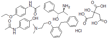 CAS#: 79191-48-3， N-(4-ethoxyphenyl)-Acetamide mixt. with (R*,S*)-(+-)-alpha-(1-aminoethyl)benzenemethanol hydrochloride, N,N-dimethyl-2-(2-(phenylmethyl)phenoxy)ethanamine 2-hydroxy-1,2,3-propanetricarboxylate (1:1) and N-(4-hydroxyphenyl)acetamide