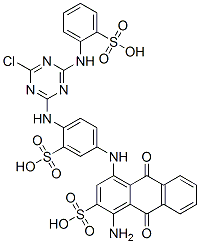 structure of CAS# 84166-13-2, Cibacron Blue 3G-A;1-Amino-4-[[4-[[4-Chloro-6-[(2-Sulfophenyl)Amino]-1,3,5-Triazin-2-Yl]Amino]-3-Sulfo-Phenyl]Amino]-9,10-Dioxo-Anthracene-2-Sulfonic Acid;1-Amino-4-[[4-[[4-Chloro-6-[(2-Sulfophenyl)Amino]-1,3,5-Triazin-2-Yl]Amino]-3-Sulfophenyl]Amino]-9,10-Dioxo-2-Anthracenesulfonic Acid;1-Amino-4-[[4-[[4-Chloro-6-[(2-Sulfophenyl)Amino]-S-Triazin-2-Yl]Amino]-3-Sulfo-Phenyl]Amino]-9,10-Diketo-Anthracene-2-Sulfonic Acid