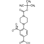 structure of CAS# 870703-72-3, 4-(4-{[(2-Methyl-2-propanyl)oxy]carbonyl}-1-piperazinyl)-3-nitrobenzoic acid;1-Boc-4-(4-carboxy-2-nitrophenyl)piperazine;4-(Boc-piperazin-1-yl)-3-nitrobenzoic acid;4-[(tert-Butoxycarbonyl)-piperazin-1-yl]-3-nitrobenzoic acid