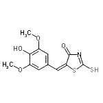 structure of CAS# 99988-74-6, (5E)-5-(4-Hydroxy-3,5-dimethoxybenzylidene)-2-sulfanyl-1,3-thiazol-4(5H)-one;(5E)-5-(4<wbr>-Hydroxy-<wbr>3,5-dimet<wbr>hoxybenzy<wbr>lidene)-2<wbr>-mercapto<wbr>-1,3-thia<wbr>zol-4(5H)<wbr>-one;(5E)-5-(4<wbr>-hydroxy-<wbr>3,5-dimet<wbr>hoxybenzy<wbr>lidene)-2<wbr>-thioxo-1<wbr>,3-thiazo<wbr>lidin-4-o<wbr>ne;5-(4-hydr<wbr>oxy-3,5-d<wbr>imethoxyb<wbr>enzyliden<wbr>e)-2-thio<wbr>xo-1,3-th<wbr>iazolidin<wbr>-4-one