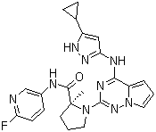 结构式 CAS# 1001350-96-4, BMS 754807; (2S)-1-[4-[(5-环丙基-1H-吡唑-3-基)氨基]吡咯并[2,1-f][1,2,4]三嗪-2-基]-N-(6-氟-3-吡啶基)-2-甲基-2-吡咯烷甲酰胺