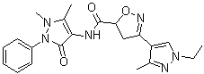 structure of CAS# 1006335-39-2, N-(2,3-Dihydro-1,5-dimethyl-3-oxo-2-phenyl-1H-pyrazol-4-yl)-3-(1-ethyl-3-methyl-1H-pyrazol-4-yl)-4,5-dihydro-5-isoxazolecarboxamide;ISPA 28