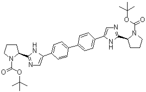 (2S,2'S)-2,2'-([1,1'-Biphenyl]-4,4'-diyldi-1H-imidazole-5,2-diyl)bis-1-pyrrolidinecarboxylic acid 1,1'-bis(1,1-dimethylethyl) ester molecular structure (CAS 1007882-23-6)