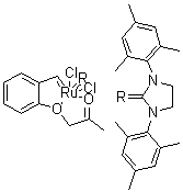 structure of CAS# 1014701-61-1, [1,3-Bis(2,4,6-trimethylphenyl)-2-imidazolidinylidene]dichloro[[2-[2-oxopropoxy]phenyl]methylene]ruthenium
