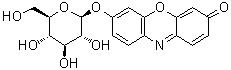 structure of CAS# 101490-85-1, Resorufin beta-D-glucopyranoside;7-(beta-D-Glucopyranosyloxy)-3H-phenoxazin-3-one