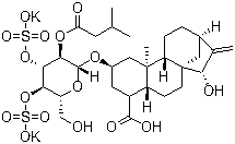 structure of CAS# 102130-43-8, Atractyloside potassium salt;(2beta,15alpha)-15-Hydroxy-2-[[2-O-(3-methyl-1-oxobutyl)-3,4-di-O-sulfo-beta-D-glucopyranosyl]oxy]-19-norkaur-16-en-18-oic acid dipotassium salt