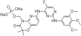 结构式 CAS# 1025687-58-4, Fostamatinib 二钠盐; 6-[[5-氟-2-[(3,4,5-三甲氧基苯基)氨基]-4-嘧啶基]氨基]-2,2-二甲基-4-[(膦酰氧基)甲基]-2H-吡啶并[3,2-b]-1,4-恶嗪-3(4H)-酮钠盐