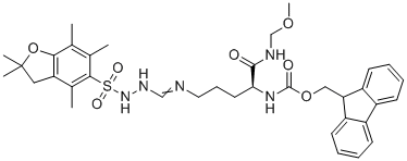 9H-fluoren-9-ylmethyl N-[(2S)-1-(methoxymethylamino)-1-oxo-5-[[2-[(2,2,4,6,7-pentamethyl-3H-1-benzofuran-5-yl)sulfonyl]hydrazinyl]methylideneamino]pentan-2-yl]carbamate molecular structure (CAS 1026023-53-9)