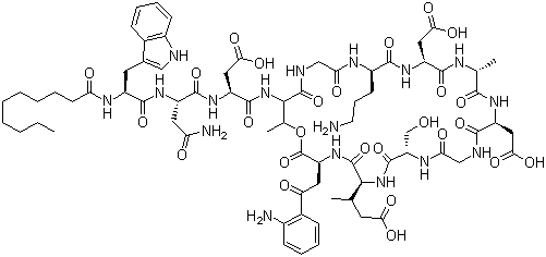structure of CAS# 103060-53-3, Daptomycin;(3S)-3-[[(2R)-4-amino-2-[[(2S)-2-(decanoylamino)-3-(1H-indol-3-yl)propanoyl]amino]-4-oxobutanoyl]amino]-4-[[(3S,6S,9R,15S,18R,21S,24S,30S,31R)-3-[2-(2-aminophenyl)-2-oxoethyl]-24-(3-aminopropyl)-15,21-bis(carboxymethyl)-6-[(2R)-1-carboxypropan-2-yl]-9-(hydroxymethyl)-18,31-dimethyl-2,5,8,11,14,17,20,23,26,29-decaoxo-1-oxa-4,7,10,13,16,19,22,25,28-nonazacyclohentriacont-30-yl]amino]-4-oxobutanoic acid